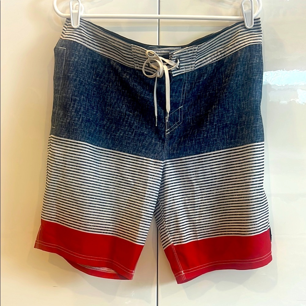 O'Neill Blue and Red Board Shorts with Color Block Design